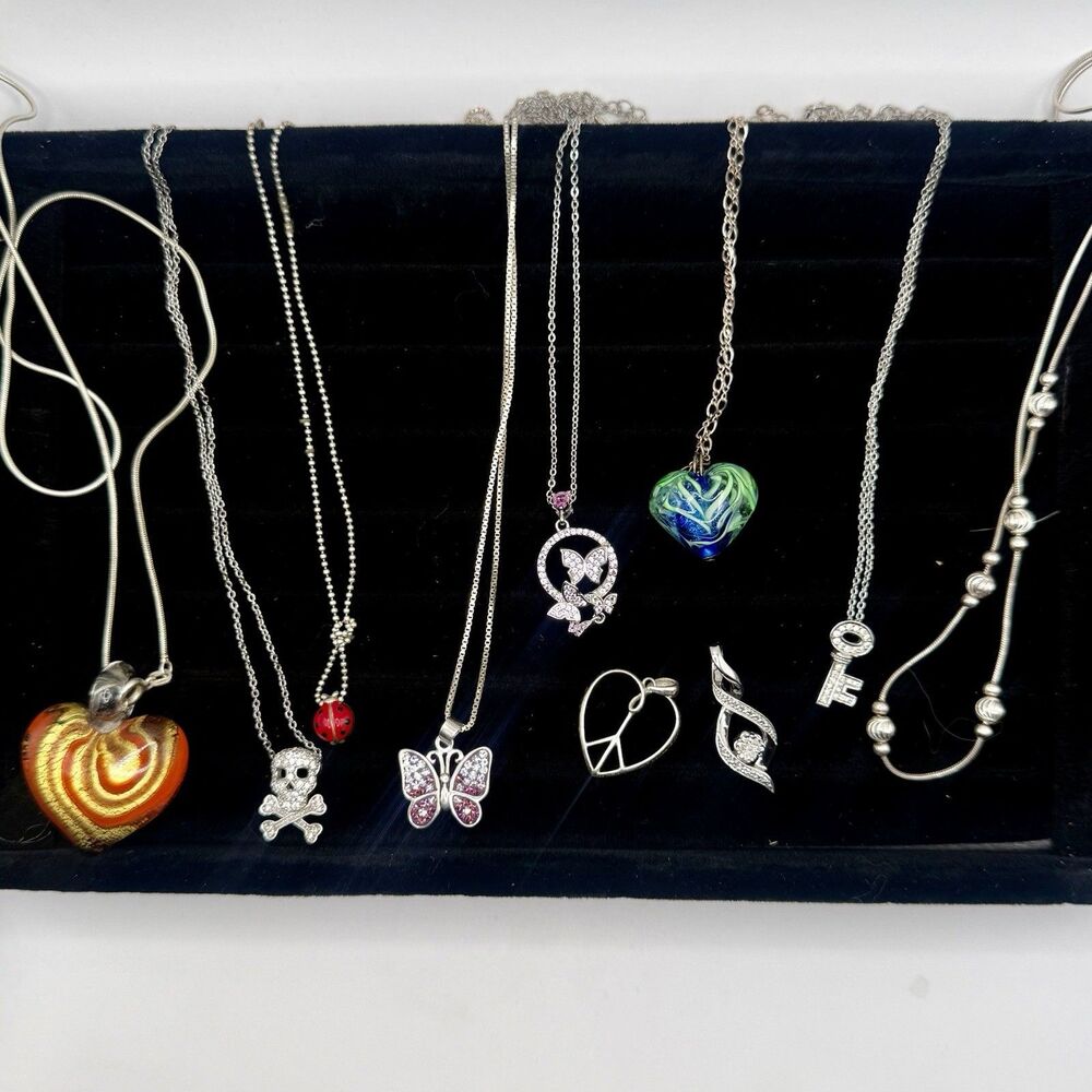 Lot Estate Sterling Silver Necklaces - 8 Chains 10 Pendants - Signed Italy CZ